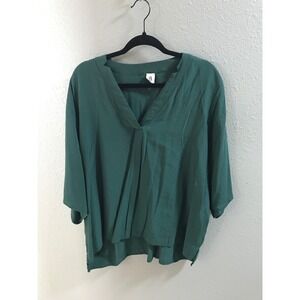 Flawless Women 2XL Dark Green V-Neck Blouse 3/4 Sleeve Oversized Pleat Front Top